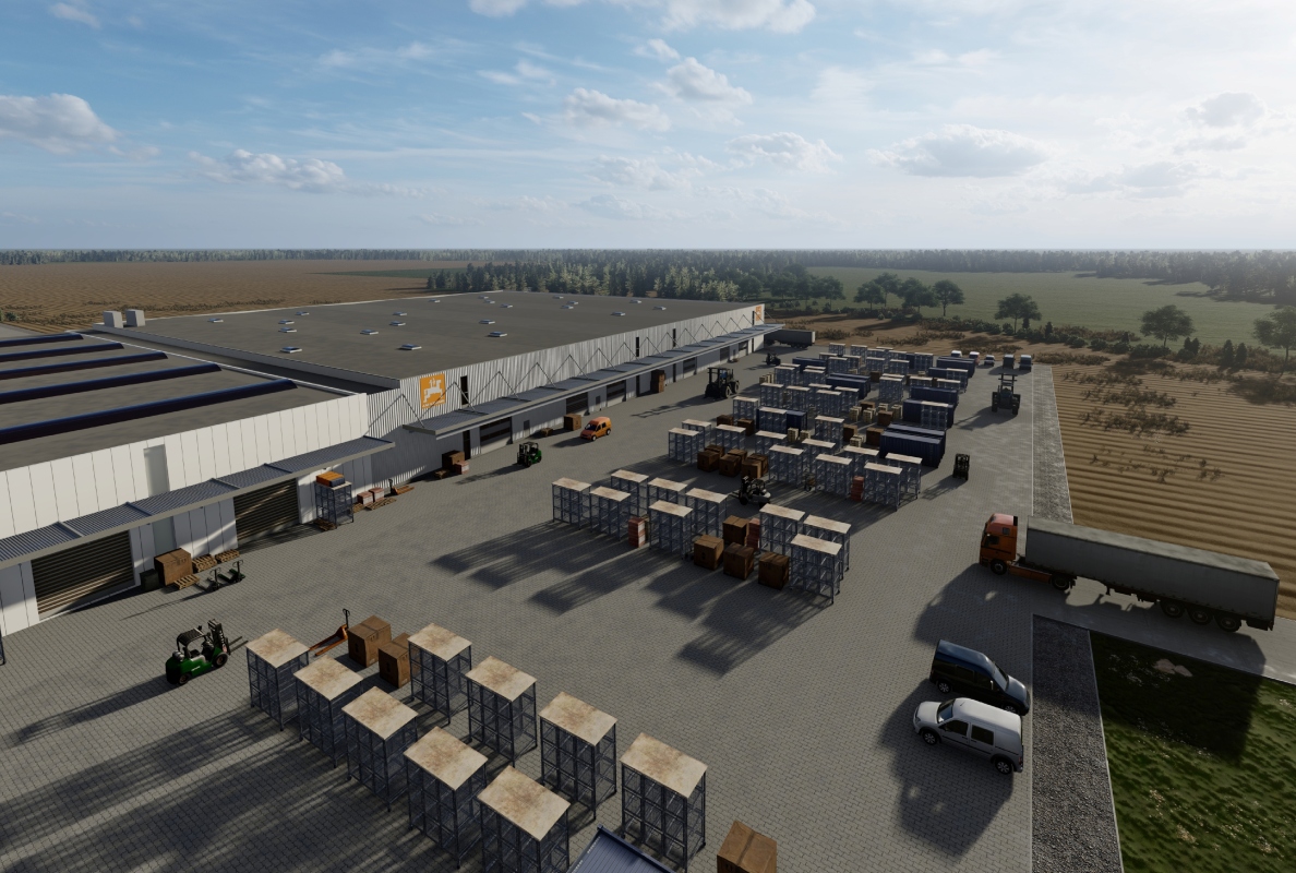 Visualisierung der neuen Produktionshallen der BBG Bodenbearbeitungsgeräte in Leipzig sowie der Außenanlagen.
