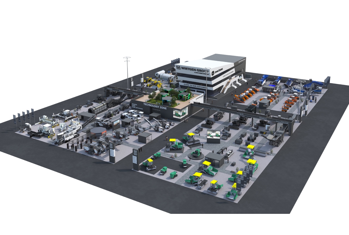 Der Stand der Wirtgen Group auf der bauma 2025 in Zahlen: Rund 100 Exponate, 45 Weltpremieren und Innovationen, neun Live-Shows, acht smarte Produktions-Systeme – und das auf 13.000 m² des gemeinsamen Messestandes mit John Deere.