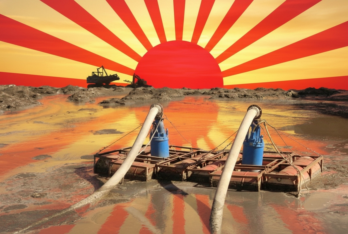 Zwei Schlammpumpen aus dem Land der aufgehenden Sonne auf Pontons: Kaum eine Grube kommt ohne Entwässerung aus.