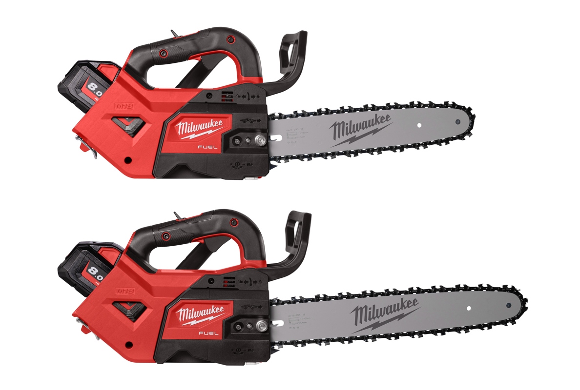 Milwaukee erweitert sein OPE-Sortiment für den GaLaBau und Forstarbeiten mit zwei baugleiche 18 Volt-Tophandle-Kettensägen mit 30 cm bzw. 35 cm Schwertlänge.