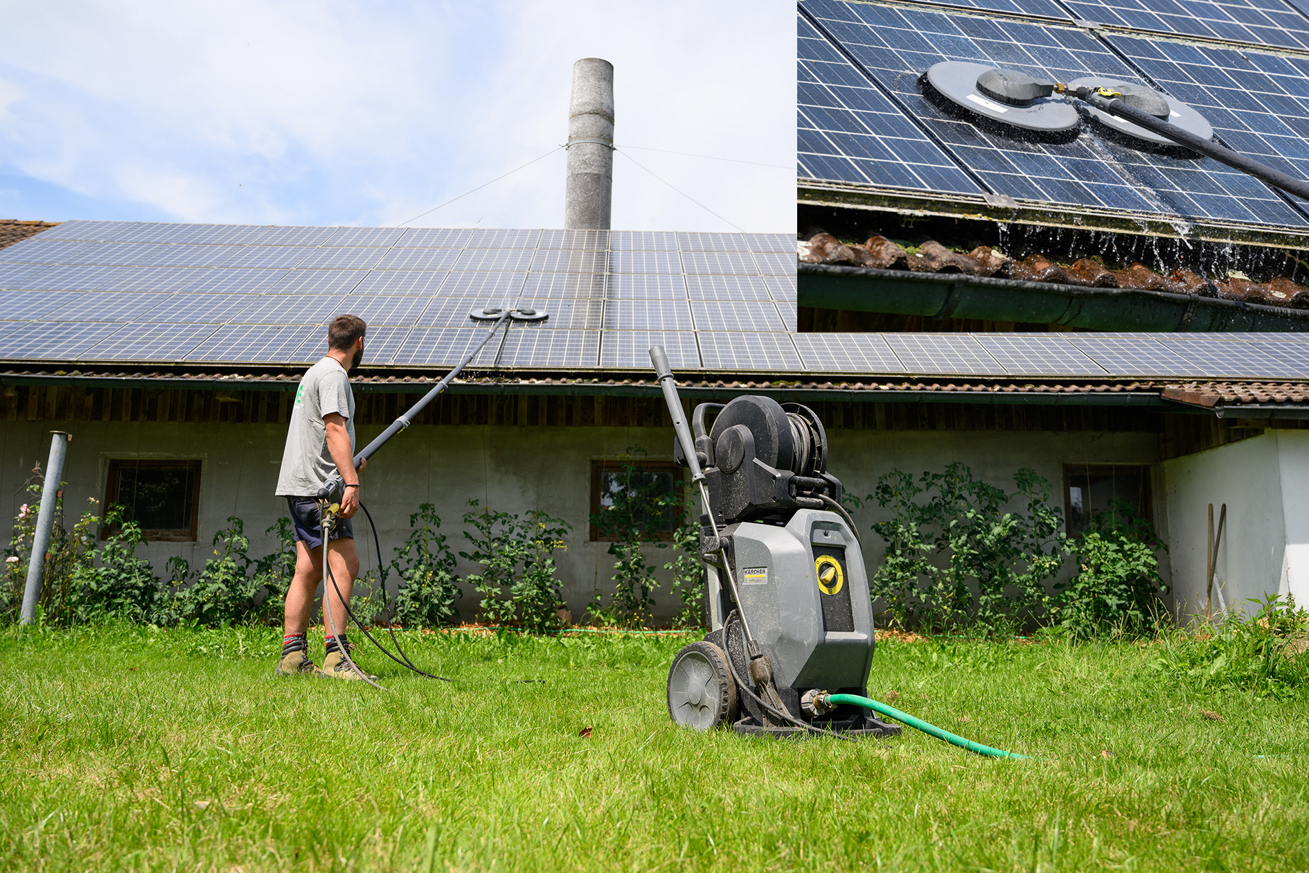 Bei der Reinigung der PV-Anlagen transportiert der leistungsstarke Hochdruckreiniger (im Bild: Kärcher-Kaltwassergerät HD 10/25-4-SXA; Förderleistung – max. 1.000 l/h) das Wasser aufs Dach, das über die ausziehbare Teleskoplanze das iSolar 800-Bürstenset steuert und antreibt.