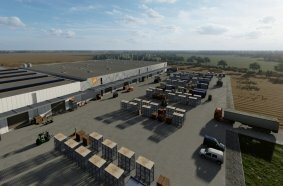 Visualisierung der neuen Produktionshallen der BBG Bodenbearbeitungsgeräte in Leipzig sowie der Außenanlagen.