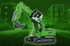 Der SENNEBOGEN Abbruchbagger 830 E Demolition Vario Tool präsentiert sich auf der bauma mit der neuen Erdbauausrüstung und einem Tieflöffel.