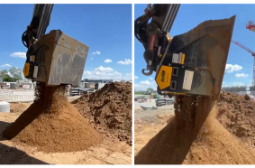 Der MB Crusher Schaufelseparator MB-HDS314 siebt Aushubmaterial mit der Feinsiebwelle RE8 ab