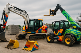 Ein Mobilbagger und ein Teleskoplader mit kräftigen, geometrischen Farbmustern – mitten auf der Baustelle. Die langlebigen Folien von Signal Design halten auch extremen Bedingungen stand und sorgen für ein einheitliches Markenbild.