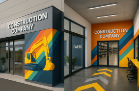  Fassade und Innenraum eines modernen Bauunternehmens: mit auffälligen Wandgrafiken, Signaletik und starken Markenfarben gestaltet. Signal Design schafft Orte mit Wiedererkennungswert – funktional, CI-konform und authentisch.