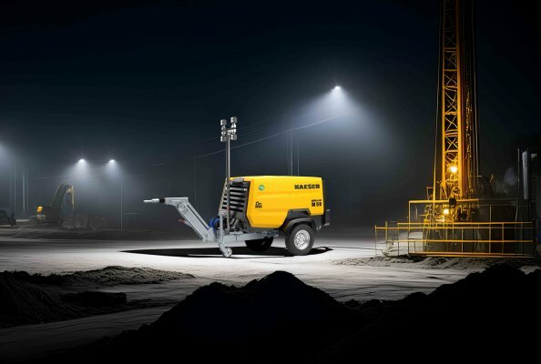 M59 PE mit Lichtmast ist der ideale Baukompressor für Notfall-Einsätze bei Nacht. 