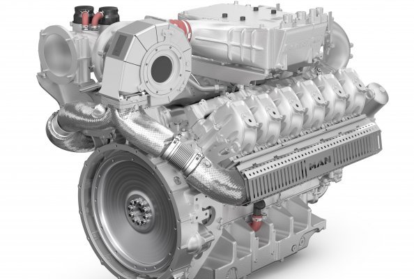 Der neue MAN E3872 Gasmotor mit 44,0 % Wirkungsgrad und 735 kW Leistung aus nur 12 Zylindern.