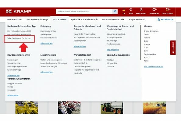 Nach Login unter kramp.com steht Fachhändlern die PartSmart-Ersatzteilsuche links oben unter dem Menüpunkt Forst & Garten >> Teile-Suche von PartSmart zur Verfügung. 