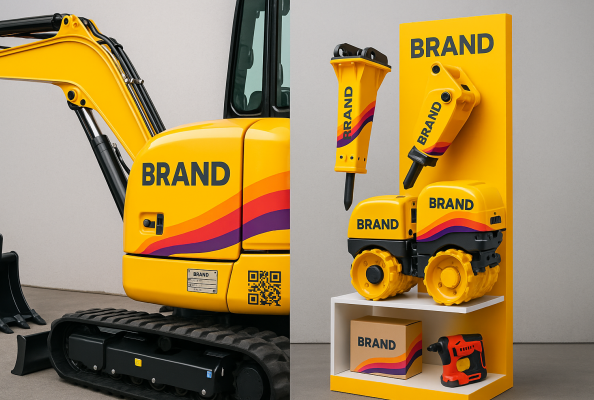  Vom Baggeranbau bis zur Werkzeugverpackung: Einheitliches Branding mit Typenschildern, QR-Codes und Farblinien. Signal Design macht jedes Produkt zum Markenbotschafter – im Feld, im Lager oder am POS.