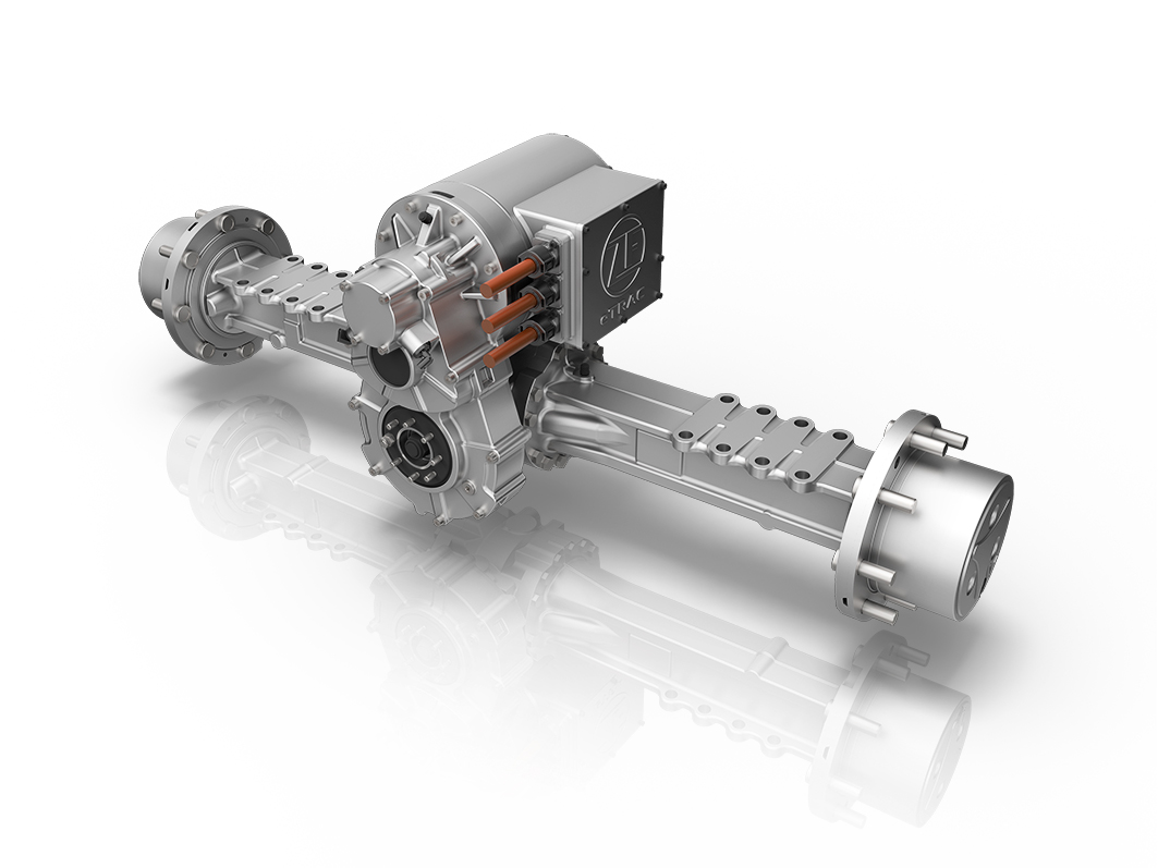 Das Kernstück des neuen eTRAC Antriebssystems für kompakte Baumaschinen von ZF: Der elektrische Zentralantrieb eCD20, im Direktanbau an ein zweistufiges Getriebe über der Hinterachse. 